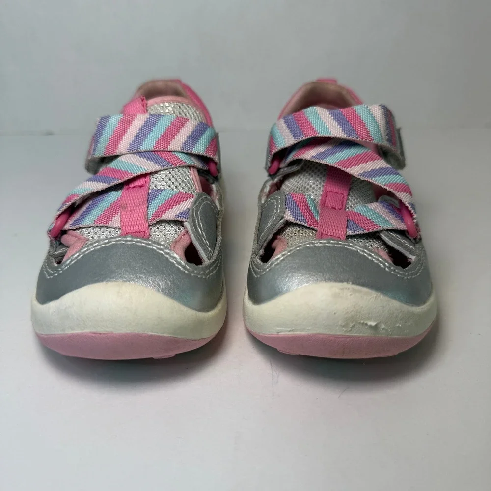 Stride Rite SRT Surf Toddler Sandals Silver Pink Striped Girls Size 6.5